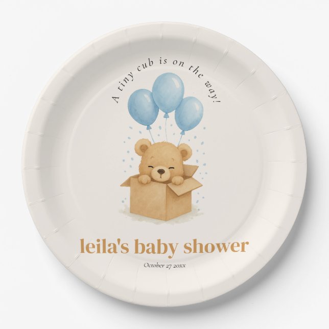 Plato De Papel Cute Minimalis Blue Balloon Bear Baby Shower (Anverso)