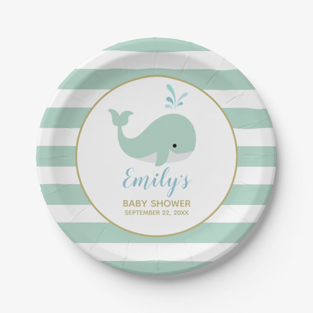 Plato De Papel Cute Mint Green Whale Baby Shower (Anverso)
