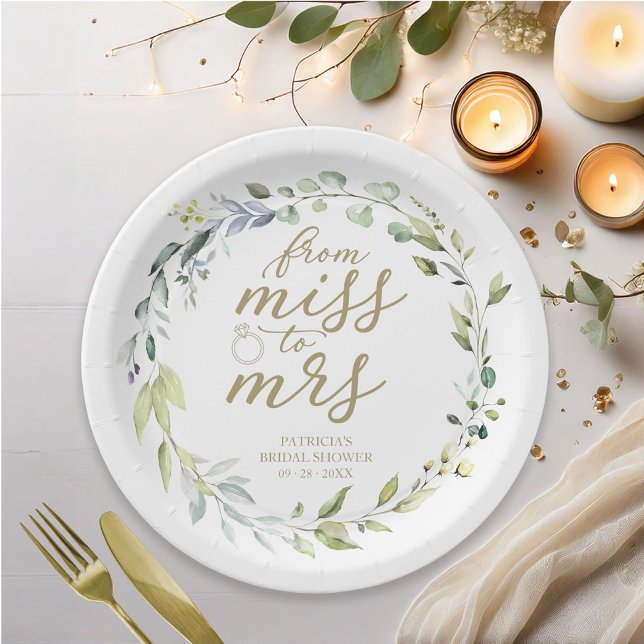 Plato De Papel Cute Miss a Mrs Greenery Eucalipto Papel de Boda  (Subido por el creador)