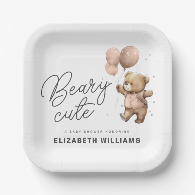 Plato De Papel Cute Modern Beary Sweet Baby Shower Fiesta (Anverso)