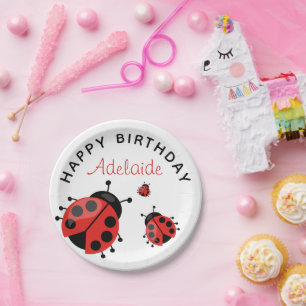 Plato De Papel Cute Modern Red Ladybug Feliz Personalizado de cum