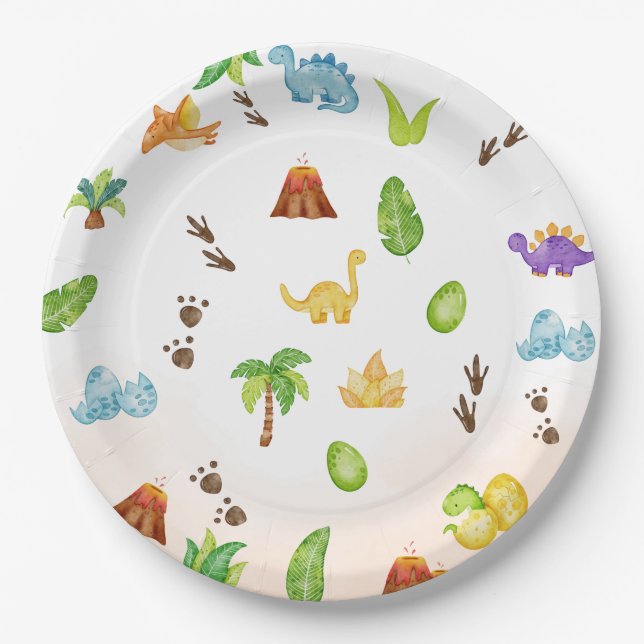 Plato De Papel Cute Modern Watercolor Dinosaur Greenery Boy (Anverso)