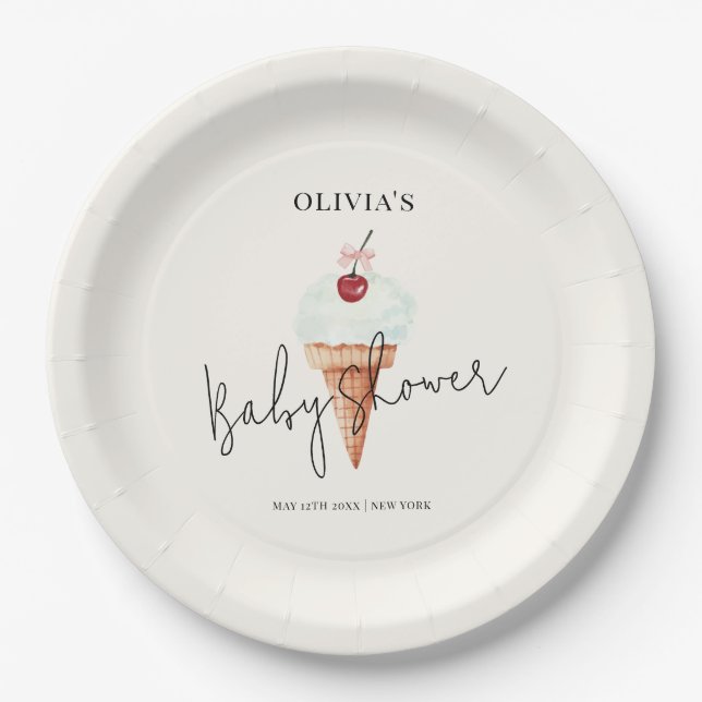Plato De Papel Cute moderno Cherry Scoop Ice Cream Baby Shower (Anverso)