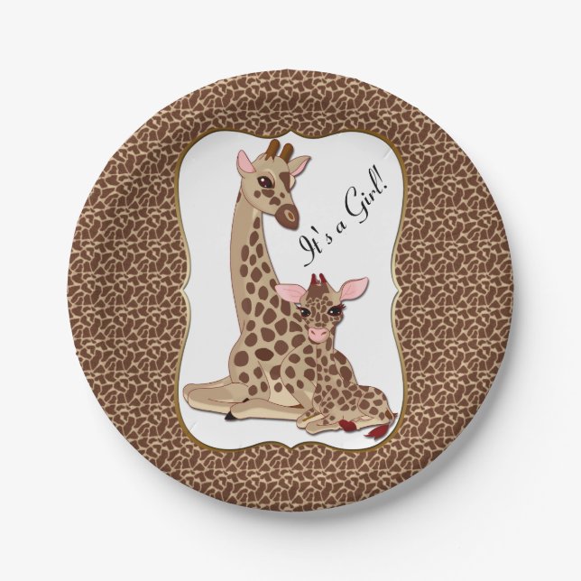 Plato De Papel Cute Mom & Baby Giraffe Animal Tema Baby Shower (Anverso)