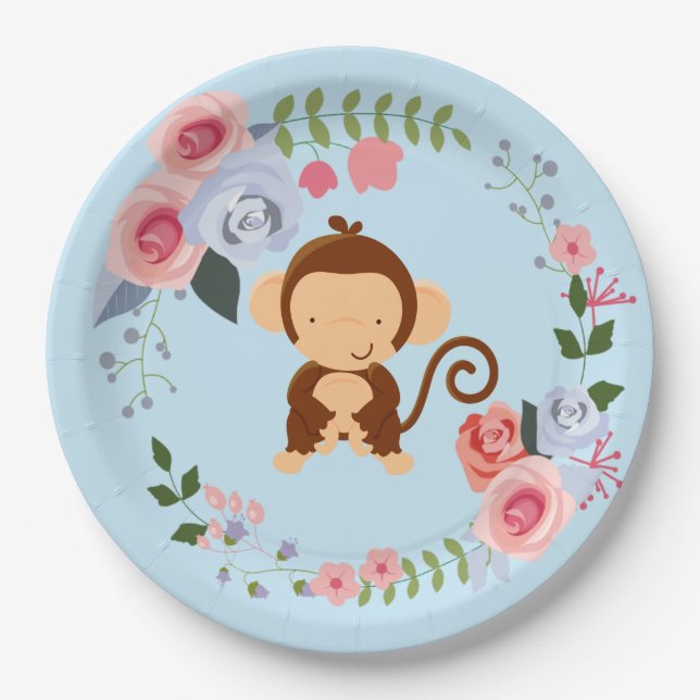 Plato De Papel Cute Monkey Floral Baby Shower (Anverso)