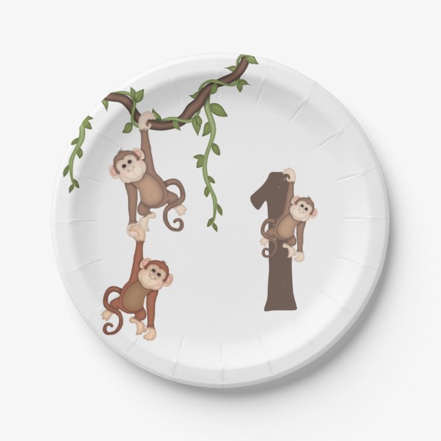 Plato De Papel Cute Monkeys Kid's 1er Birthday Paper Plate (Anverso)