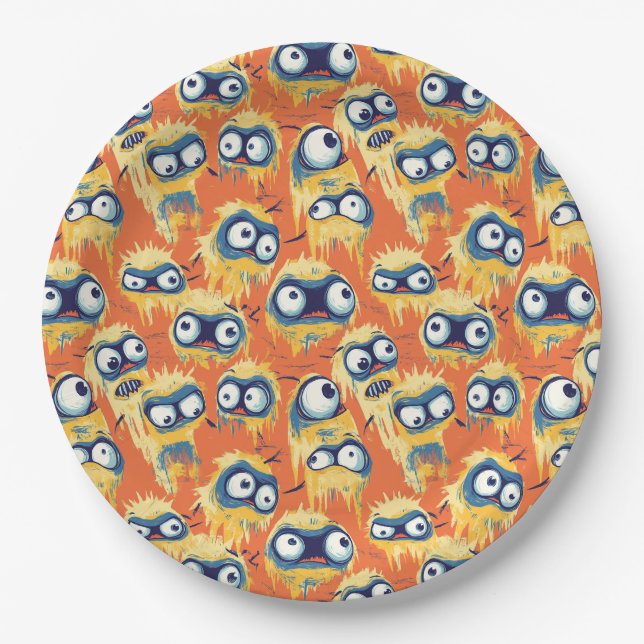Plato De Papel Cute Monstruo de Halloween Amarillo Naranja (Anverso)