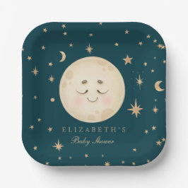 Plato De Papel Cute Moon y Star Navy Baby Shower