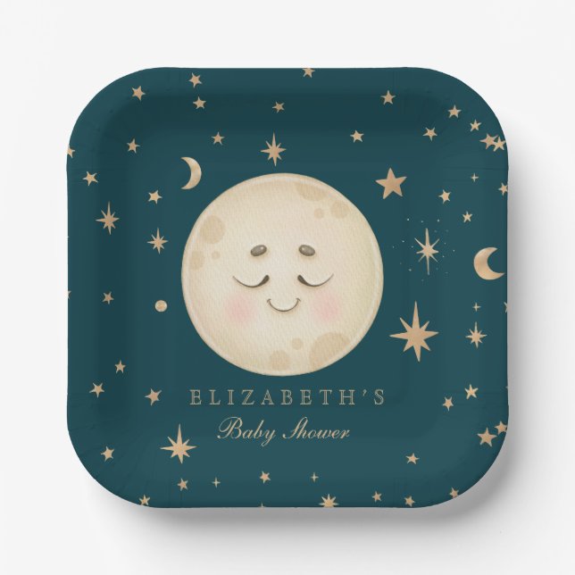 Plato De Papel Cute Moon y Star Navy Baby Shower (Anverso)