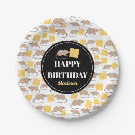 Plato De Papel Cute Mouse Rodent comiendo queso cumpleaños