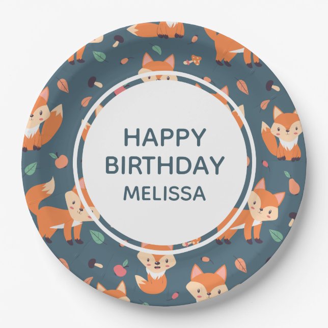 Plato De Papel Cute Naranja Fox Pattern Feliz cumpleaños (Anverso)