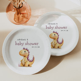 Plato De Papel Cute Naranja Purple Dinosaur Baby Shower
