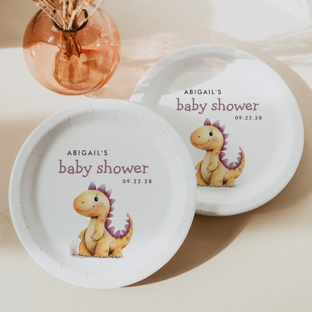 Plato De Papel Cute Naranja Purple Dinosaur Baby Shower (Subido por el creador)