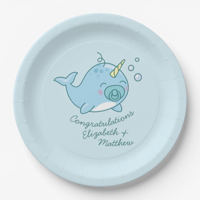 Plato De Papel Cute Narwhal Baby Shower Kawaii Blue Boy (Anverso)