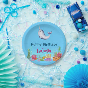 Plato De Papel Cute Narwhal Fish Unicorn Mar de ballena Cumpleaño