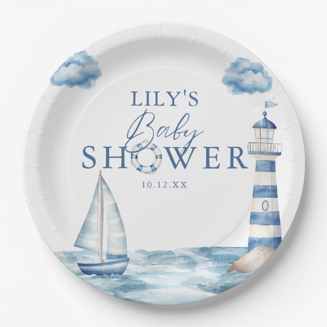 Plato De Papel Cute Nautical Ocean Baby Shower (Anverso)