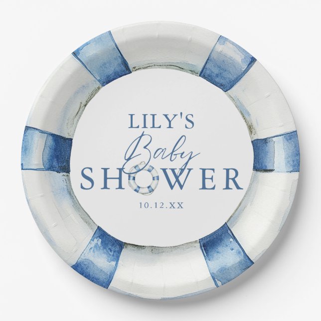 Plato De Papel Cute Nautical Ocean Lifebuoy Baby Shower (Anverso)