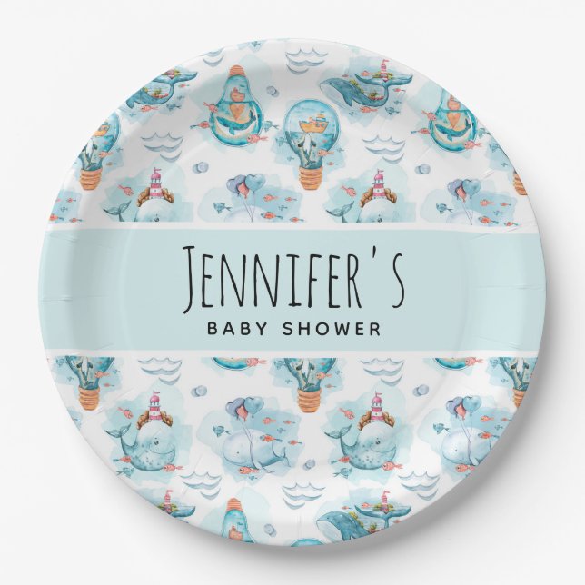 Plato De Papel Cute Nautical Whats Watercolor Baby Shower (Anverso)