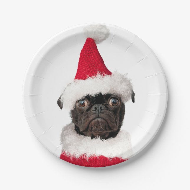 Plato De Papel Cute Navidades festivos Black Pug Santa Hat (Anverso)