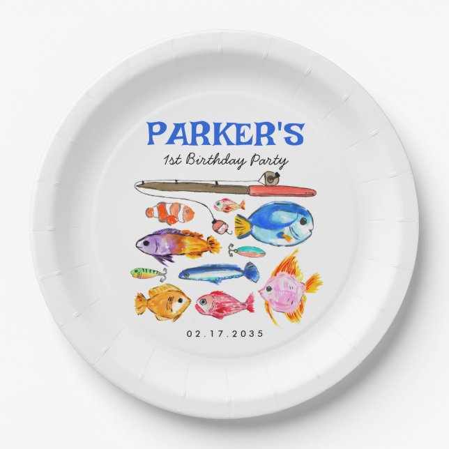Plato De Papel Cute O-Fish-al Reel Fun Gone Fish Pescado Cumpleañ (Anverso)