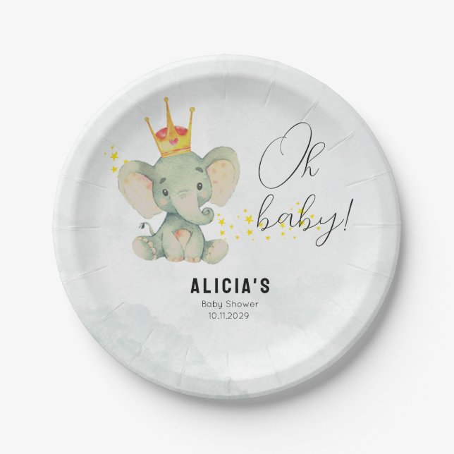 Plato De Papel Cute Oh Baby Gender Neutral Elephant Baby Shower (Anverso)