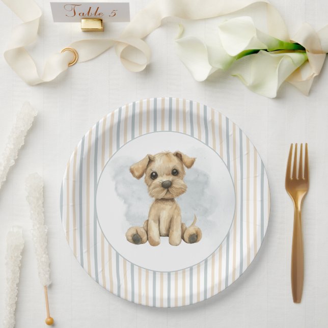 Plato De Papel Cute Oh Boy Puppy Blue Baby Shower Placas (Boda)