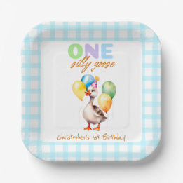 Plato De Papel Cute One Silly Goose Blue Gingham Primer Cumpleaño