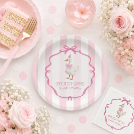 Plato De Papel Cute One Silly Goose Pink Bow Primer Cumpleaños
