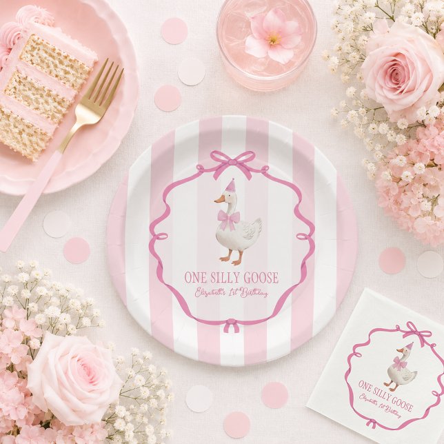 Plato De Papel Cute One Silly Goose Pink Bow Primer Cumpleaños (Cute One Silly Goose Pink Bow First Birthday Paper Plates)