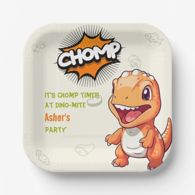 Plato De Papel Cute Orange Dinosaur Birthday Party Square (Anverso)