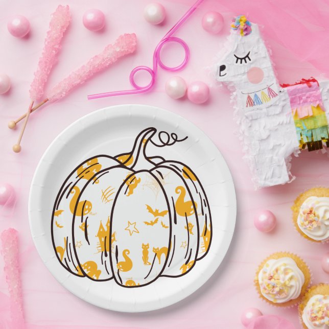 Plato De Papel Cute Orange Halloween Icons in Pumpkin (Fiesta)