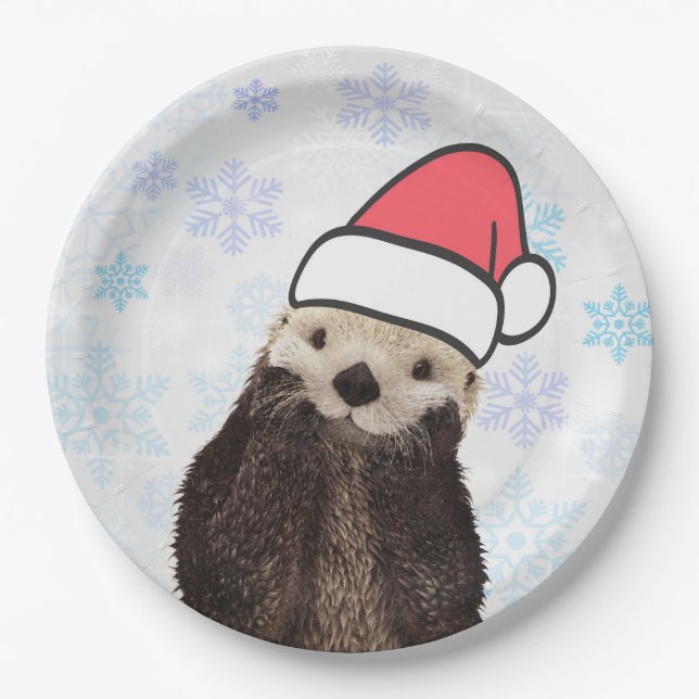 Plato De Papel Cute Otter llevando un Navidad de Santa Hat (Anverso)