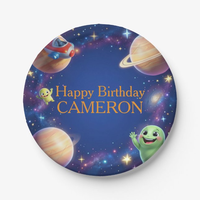 Plato De Papel Cute Outer Space Aliens Birthday Party (Anverso)