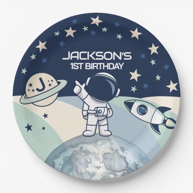 Plato De Papel Cute Outer Space Astronaut Birthday (Anverso)