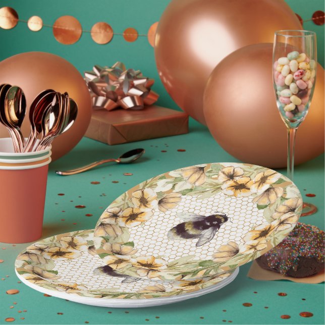 Plato De Papel Cute panal y floral de abeja (Multi)