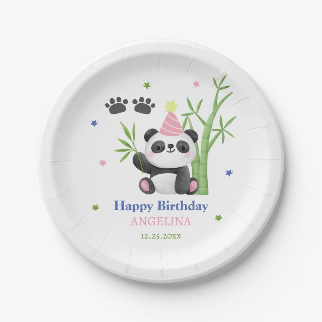 Plato De Papel Cute Panda Bear Bamboo Birthday  (Anverso)