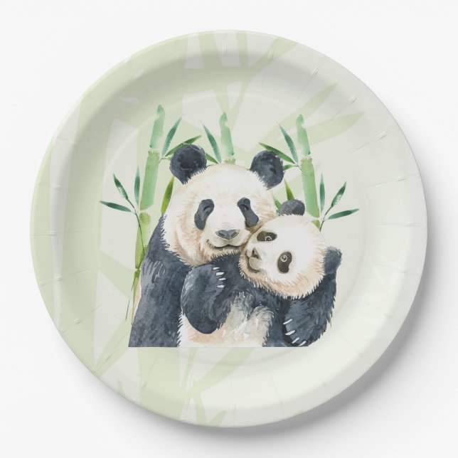 Plato De Papel Cute Panda Pair y acuarela de bambú (Anverso)