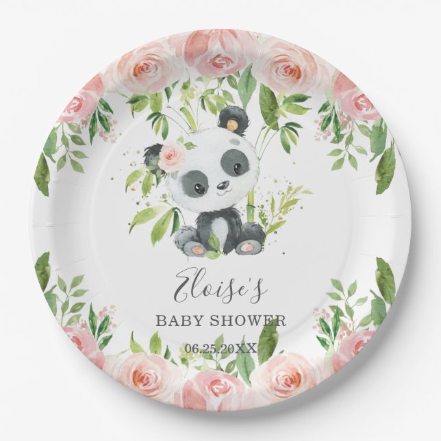 Plato De Papel Cute Panda Pink Floral Bamboo Baby Shower Cumpleañ (Anverso)