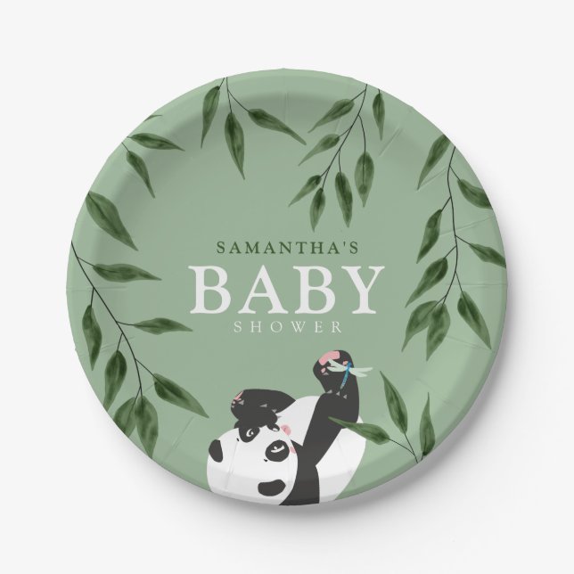 Plato De Papel Cute Panda y Foliage Neutral Baby Shower (Anverso)