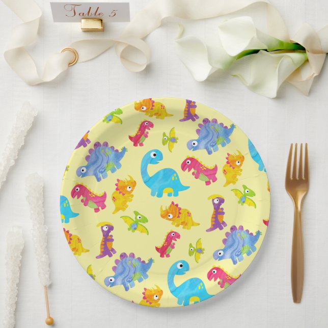 Plato De Papel Cute Pastel Amarillo Unisex Bebé Dinosaurio Cumple (Boda)