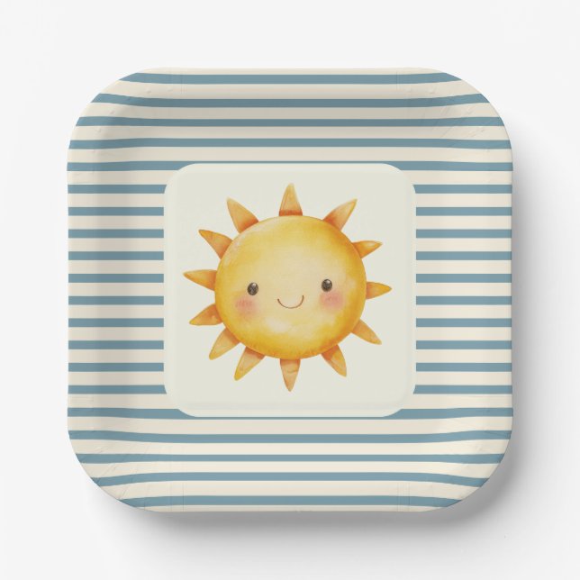 Plato De Papel Cute pastel here comes the son baby shower (Anverso)