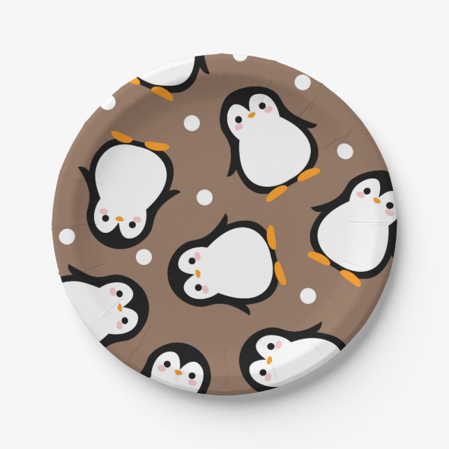 Plato De Papel Cute penguin pattern brown pattern (Anverso)