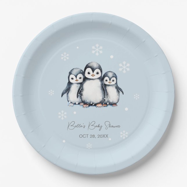 Plato De Papel Cute Penguin Winter Baby Shower (Anverso)