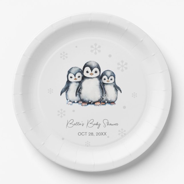 Plato De Papel Cute Penguin Winter Baby Shower (Anverso)