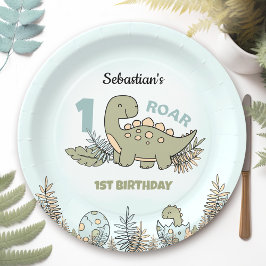 Plato De Papel Cute Personalizado Dinosaur Blue Green Boy Primer