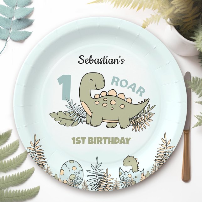 Plato De Papel Cute Personalizado Dinosaur Blue Green Boy Primer  (Cute Cartoon Dinosaur Blue Green Boy 1st Birthday Paper Plates)