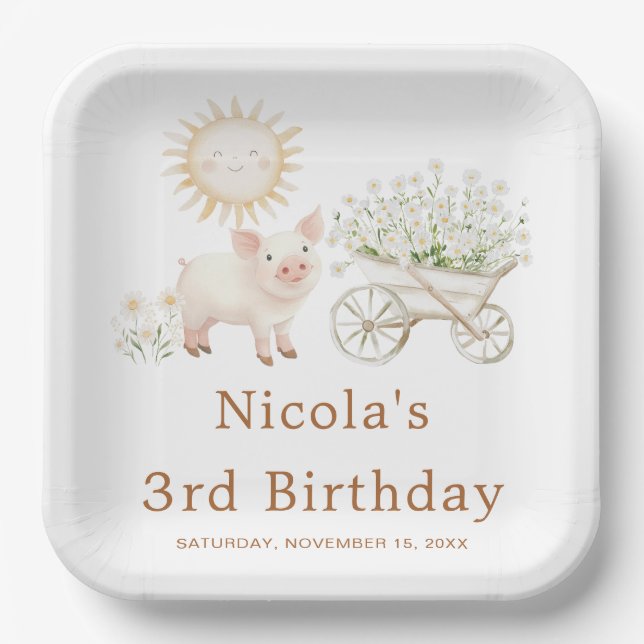 Plato De Papel Cute Pig Wheelbarrow Birthday (Anverso)