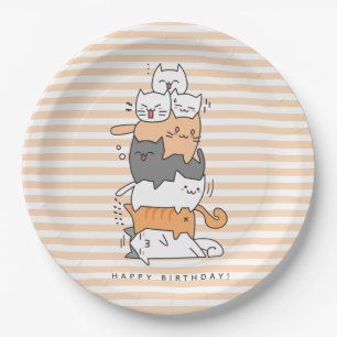 Plato De Papel Cute Pile de gatos Feliz cumpleaños