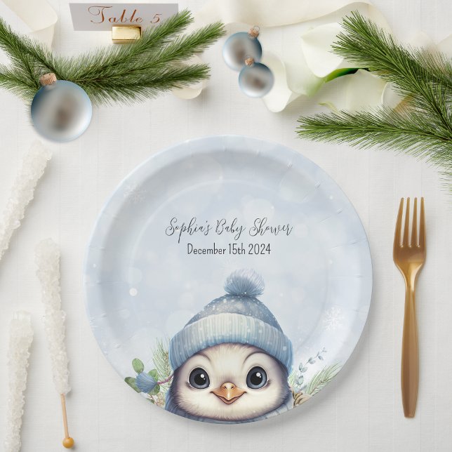 Plato De Papel Cute pingüino Blue Boy Winter Baby Shower (Subido por el creador)