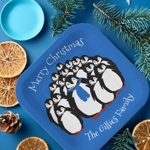 Plato De Papel Cute Pingüino Familia Navidades Placas Fiestas azu
